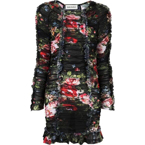 MOLLY GODDARD Harley Floral Print Ruched Long Sleeve Mesh Minidress - Picture 1 of 16